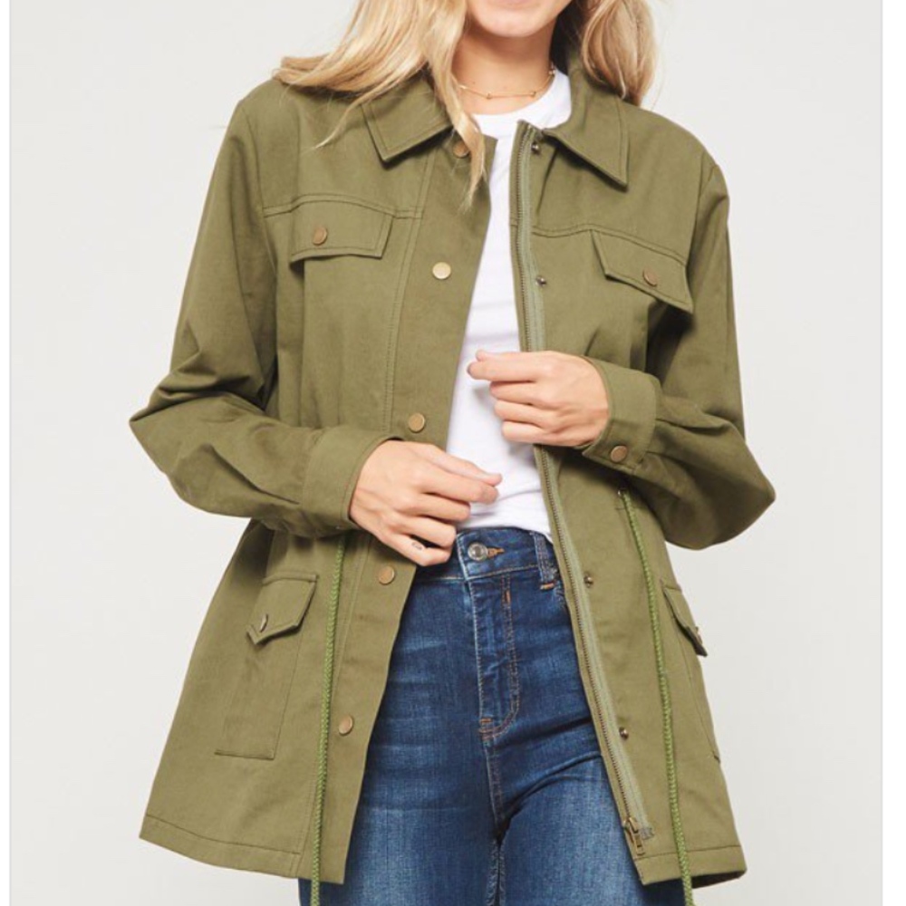 Olive Solid Woven Jacket Dual Front Zip - Picture 3 of 8